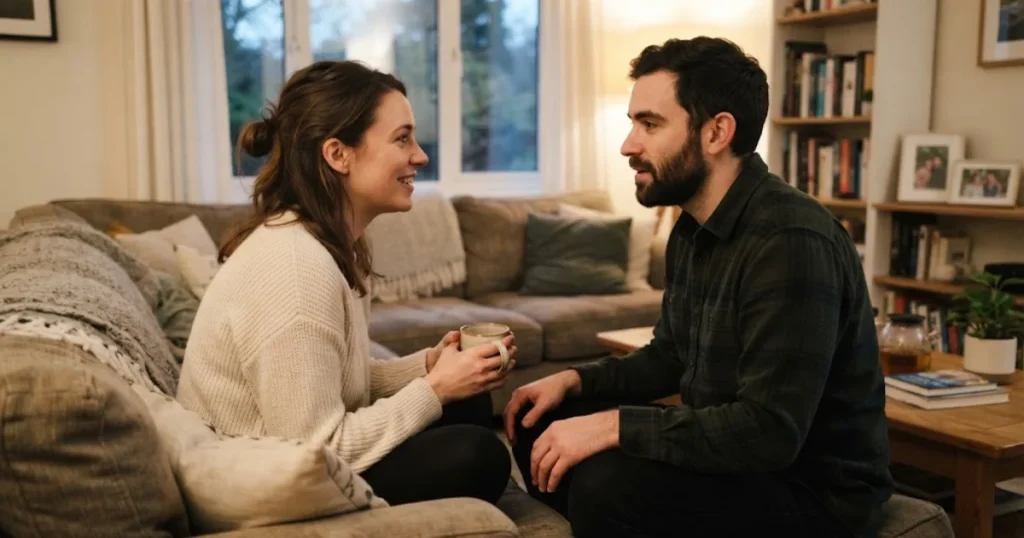 Two people talking openly across a table in a quiet room