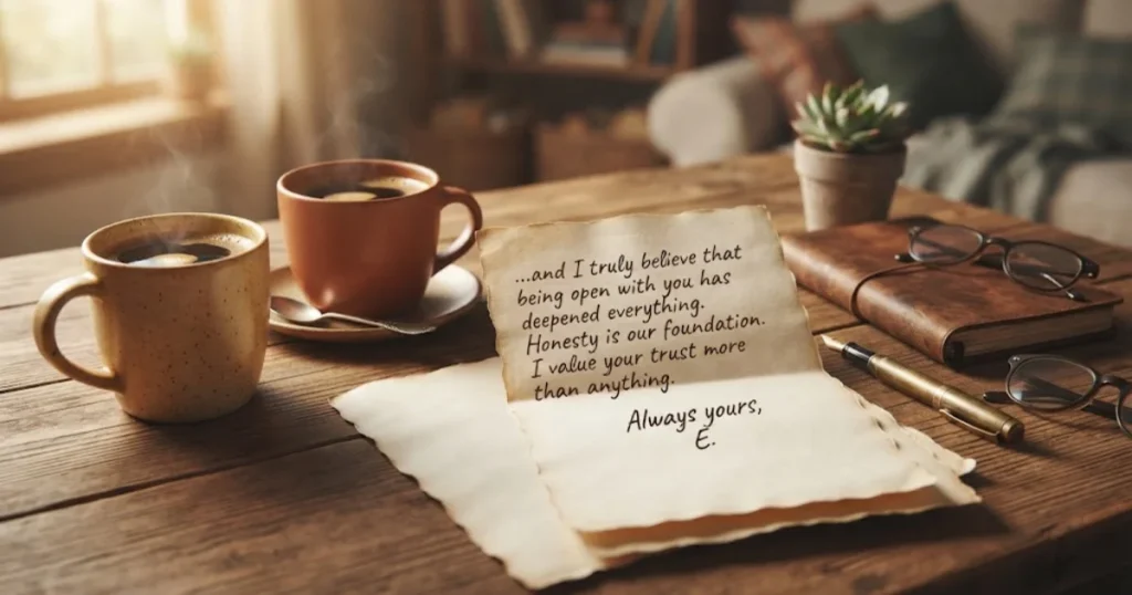 Open handwritten letter beside two coffee cups representing honesty and trust