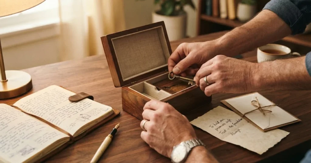 Hands placing a key inside a small wooden box symbolizing trust