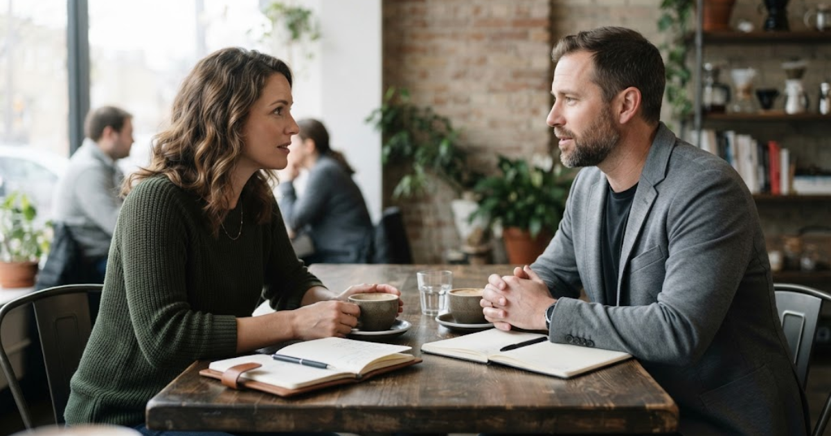 Two people having an honest conversation at a quiet café
