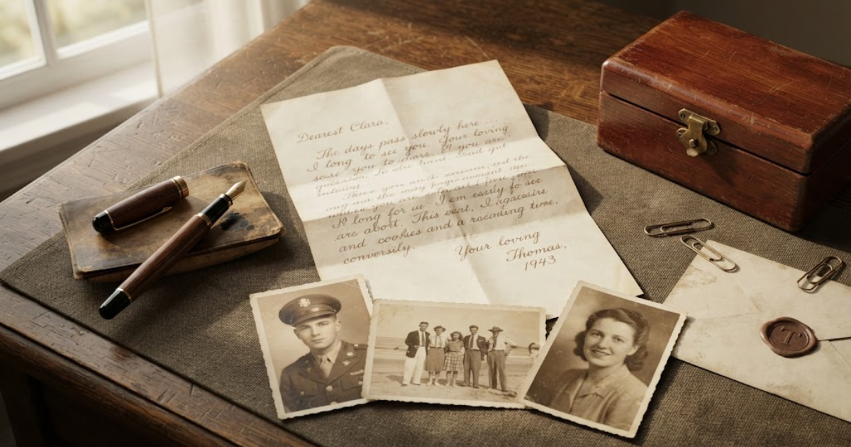 Old handwritten letter and photographs representing unconditional love, forgiveness and memories