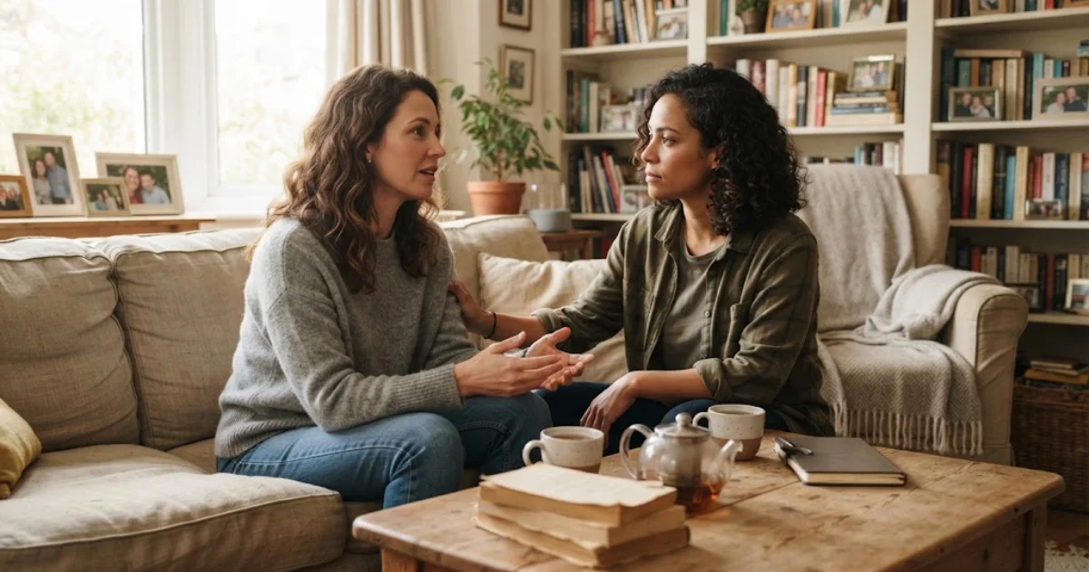 Two friends listening to each other during a meaningful conversation, Understanding in Relationships Quotes