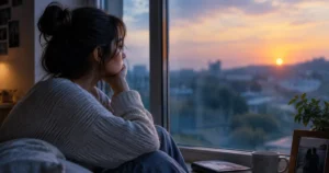 Person sitting alone by a window reflecting on unrequited love quotes