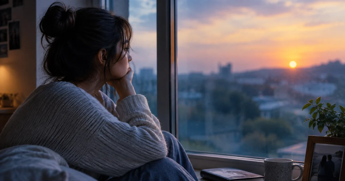 Person sitting alone by a window reflecting on unrequited love quotes