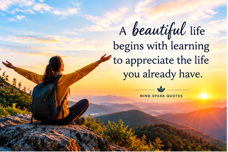Beautiful life quotes about happiness and everyday beauty with a woman watching the sunset over a mountain lake