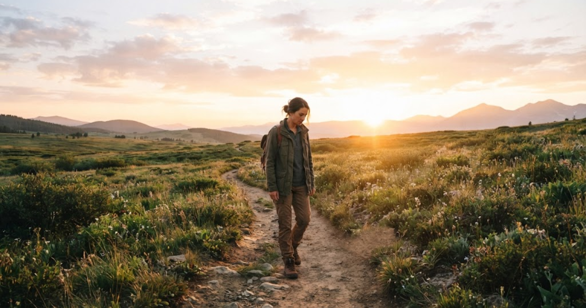 Person reflecting on life while standing at a crossroads in nature