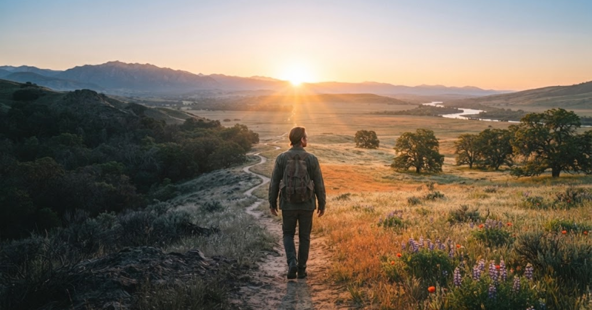 Person walking away from the past toward a bright horizon letting go past