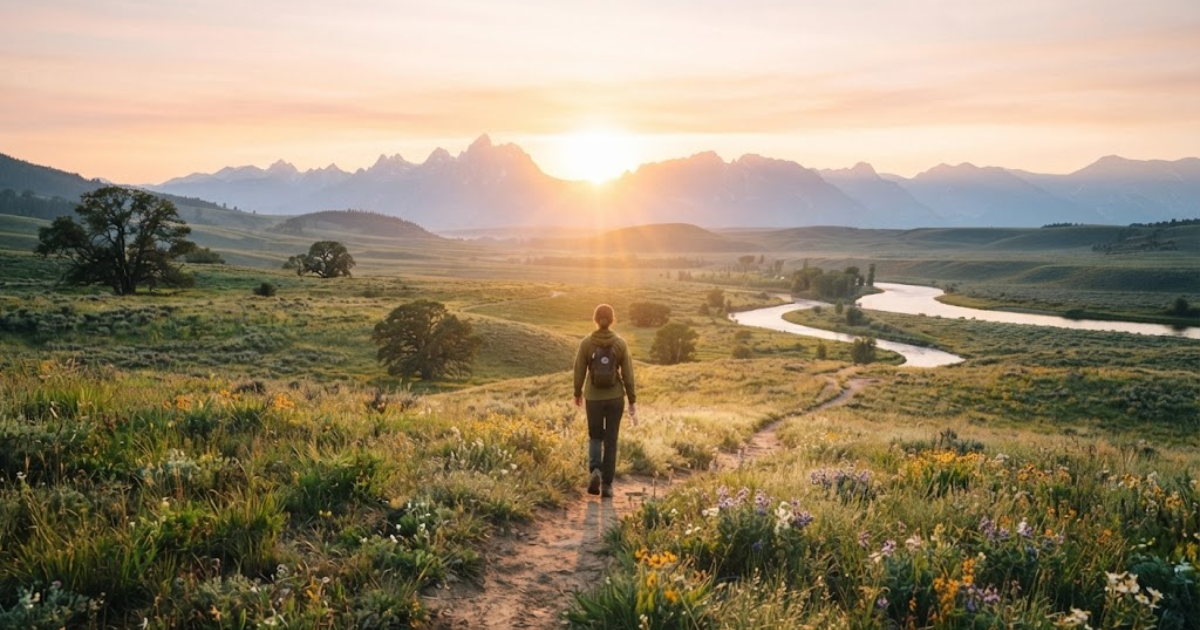 Person beginning a new path toward a bright landscape symbolizing a new life journey