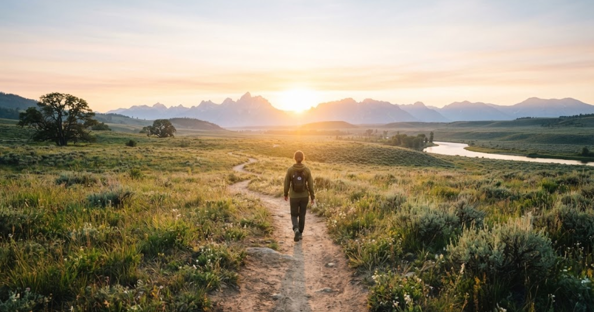 Person walking along a peaceful path toward a bright horizon symbolizing a life journey