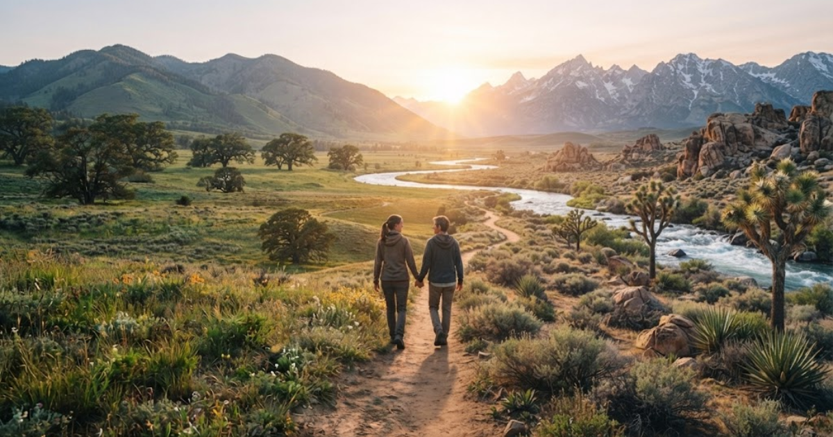 Person walking along a changing landscape symbolizing growth and life transitions