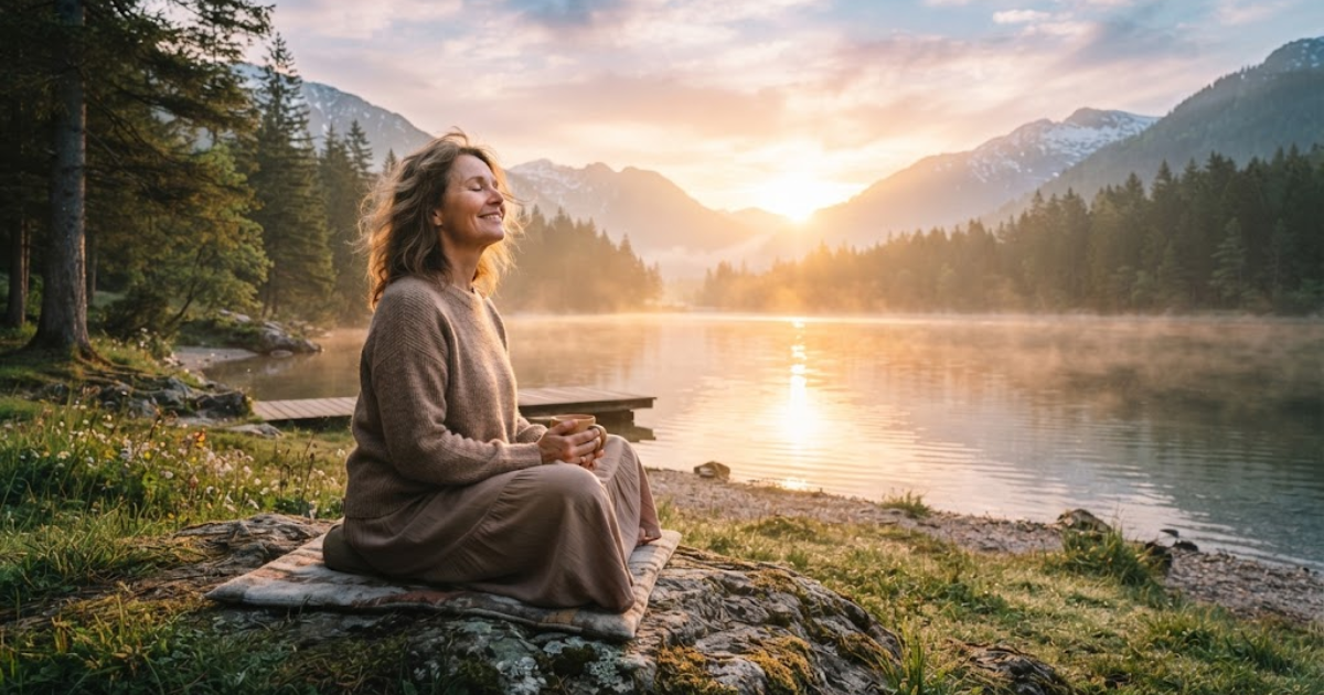 Person enjoying a peaceful present moment at sunrise
