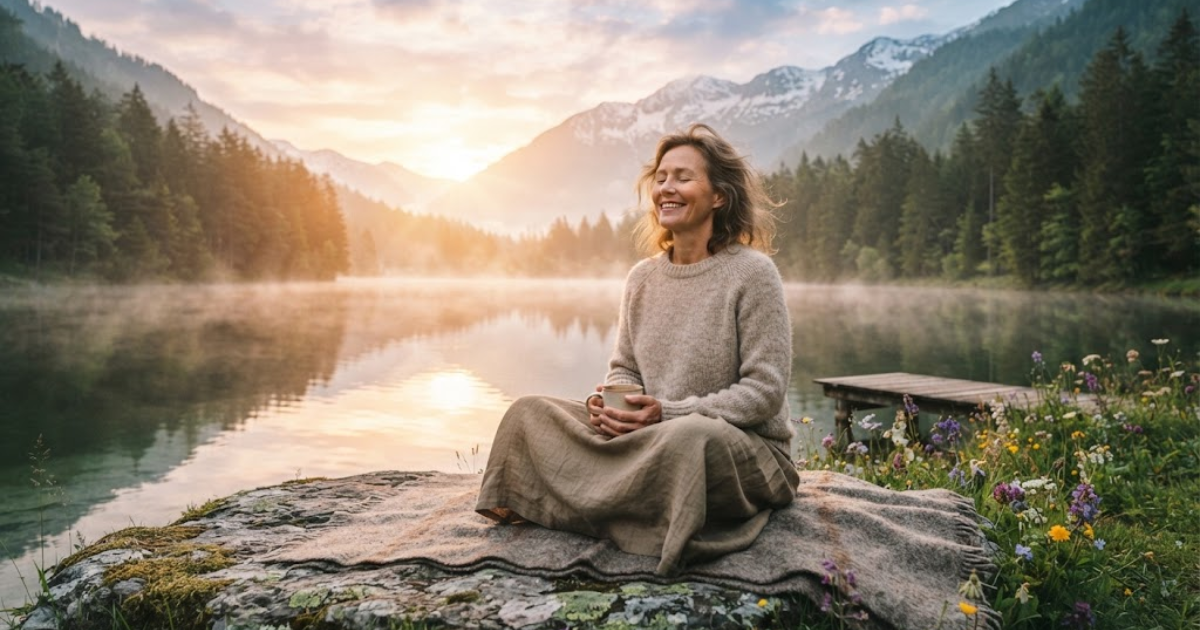 Person sitting peacefully in nature and appreciating the present moment