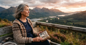 Person reflecting on cherished memories while looking across a peaceful landscape