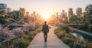 Person walking along a peaceful path toward a bright horizon symbolizing moving forward