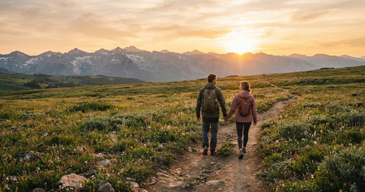 Two person walking toward a wide mountain horizon, symbolizing goals, dreams, perseverance, purpose, personal growth, and the journey toward a meaningful future.