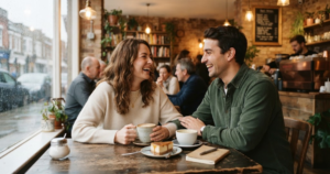 Couple sharing a romantic evening together at a softly lit dinner table