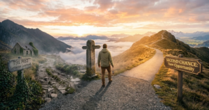 Person standing at a crossroads and choosing a new path at sunrise