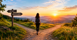 Starting over quotes symbolized by a person walking toward a sunrise on a new path