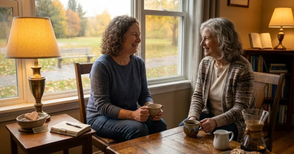 Two old friends smiling while catching up over coffee