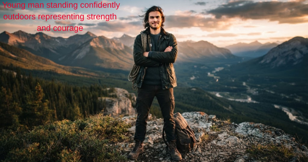 Young man standing confidently outdoors representing strength and courage