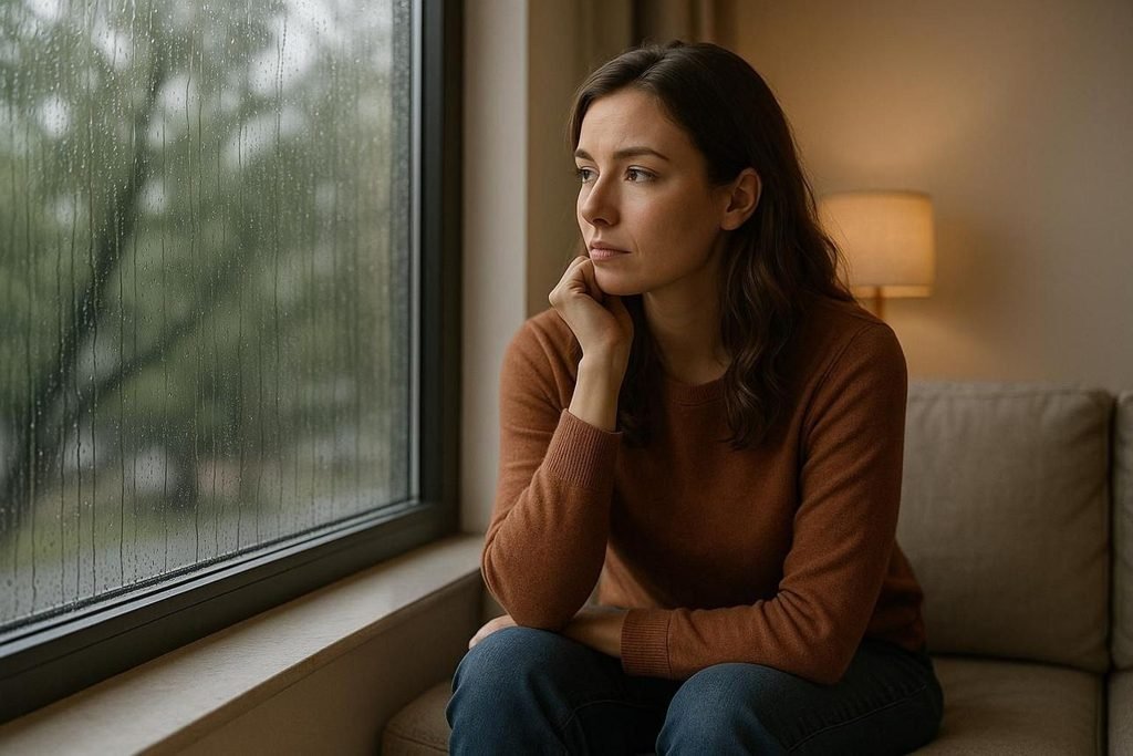 Person sitting beside a rainy window reflecting on a difficult friendship
