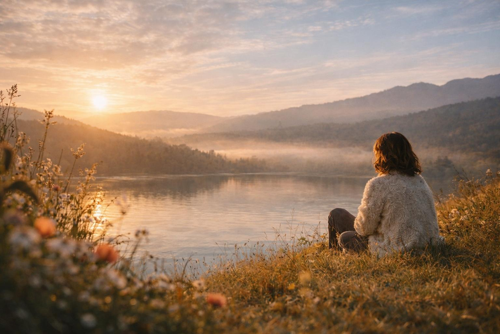 Person reflecting beside a peaceful lake at sunrise, symbolizing self-respect and healing.