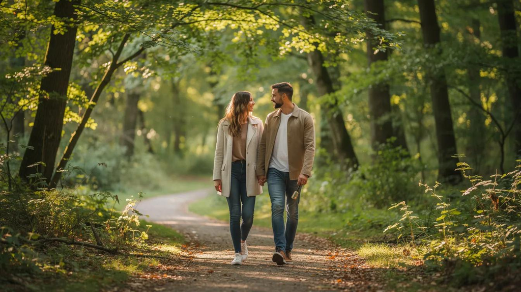 Two people walking together on a sunlit path, symbolizing healing and rebuilding trust.