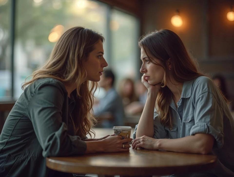 Two friends having a serious conversation at a café
