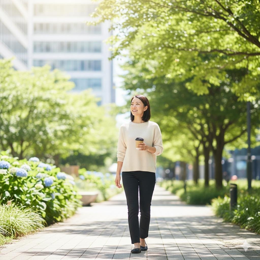 Professional taking a peaceful walk in a green park during a work break in motivation quotes for work