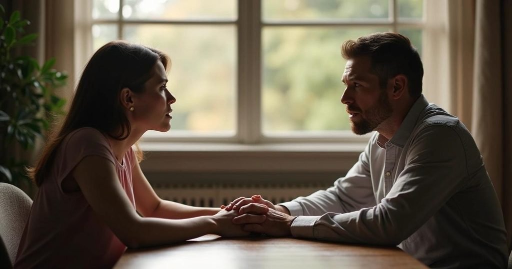 Two people talking calmly about rebuilding trust in a relationship