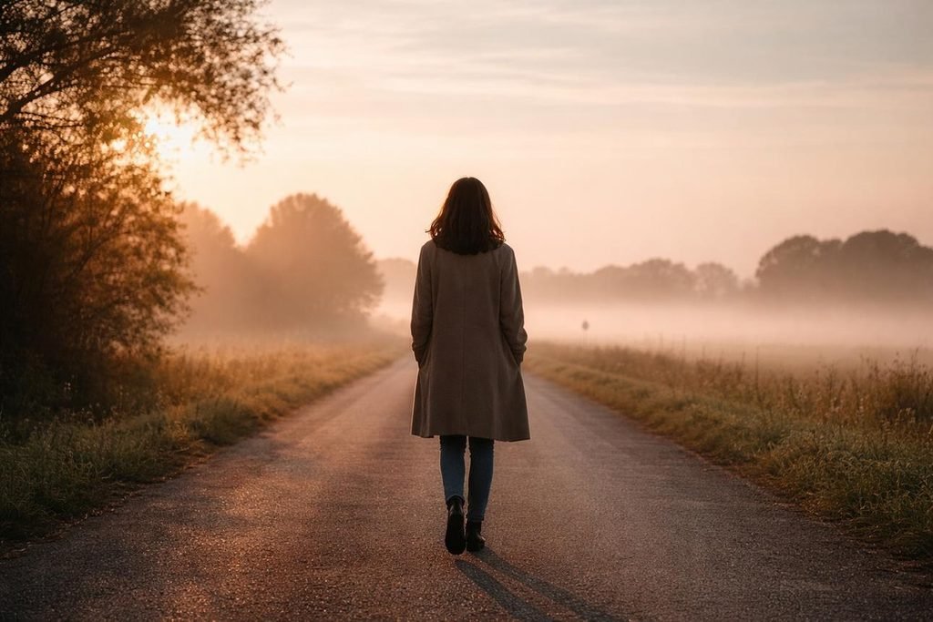 Person walking toward a sunrise on an open path symbolizing hope after betrayal