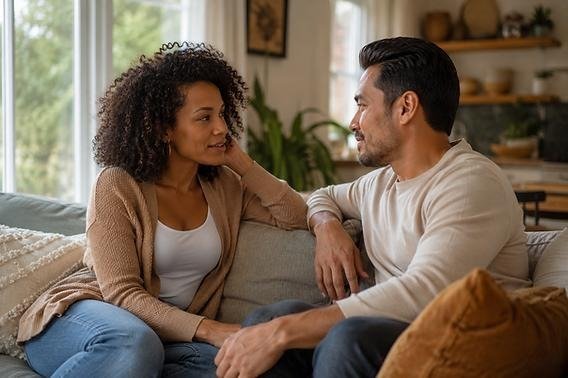 Couple talking calmly together while working through relationship concerns.