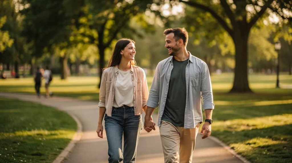 Couple walking hand in hand on a peaceful path, symbolizing security and commitment.