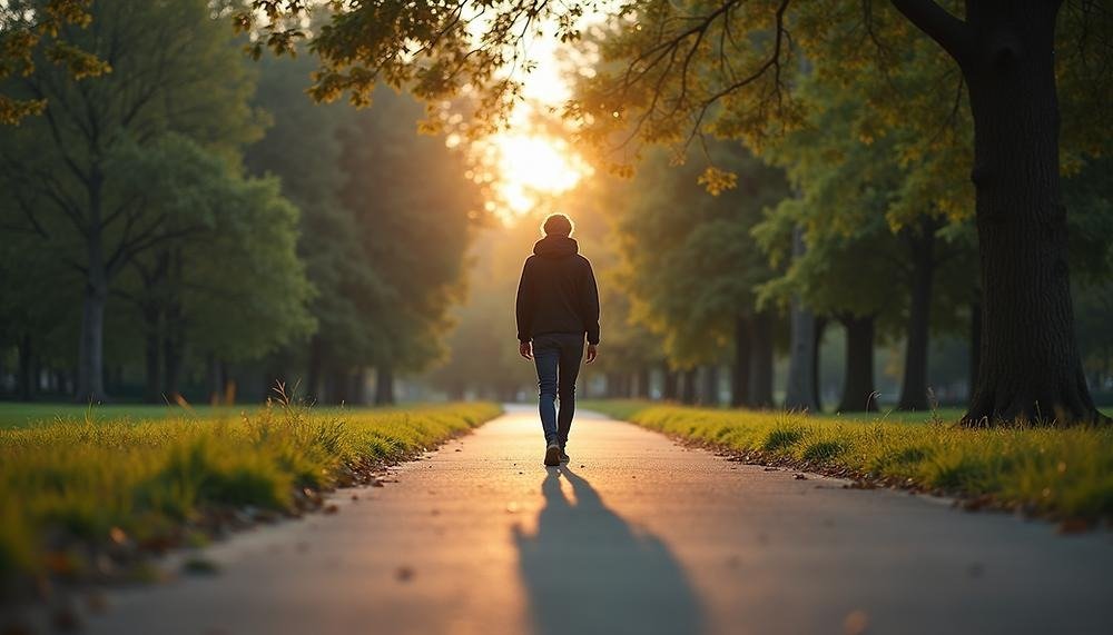 Person walking alone along a peaceful park path
