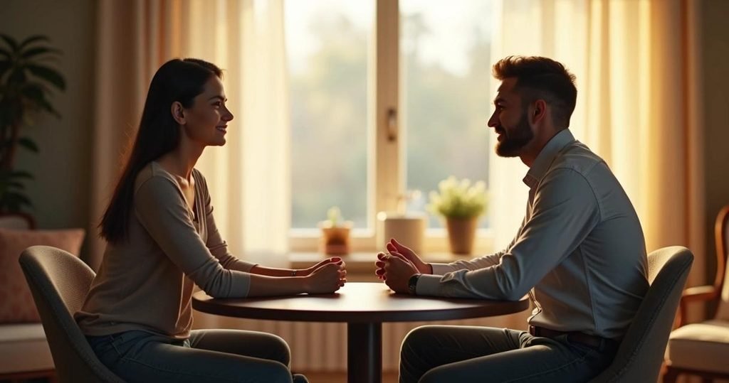 Two people having a calm conversation about rebuilding trust
