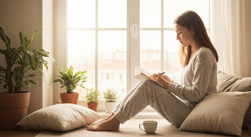 Person writing in a journal while reflecting on personal boundaries and healing
