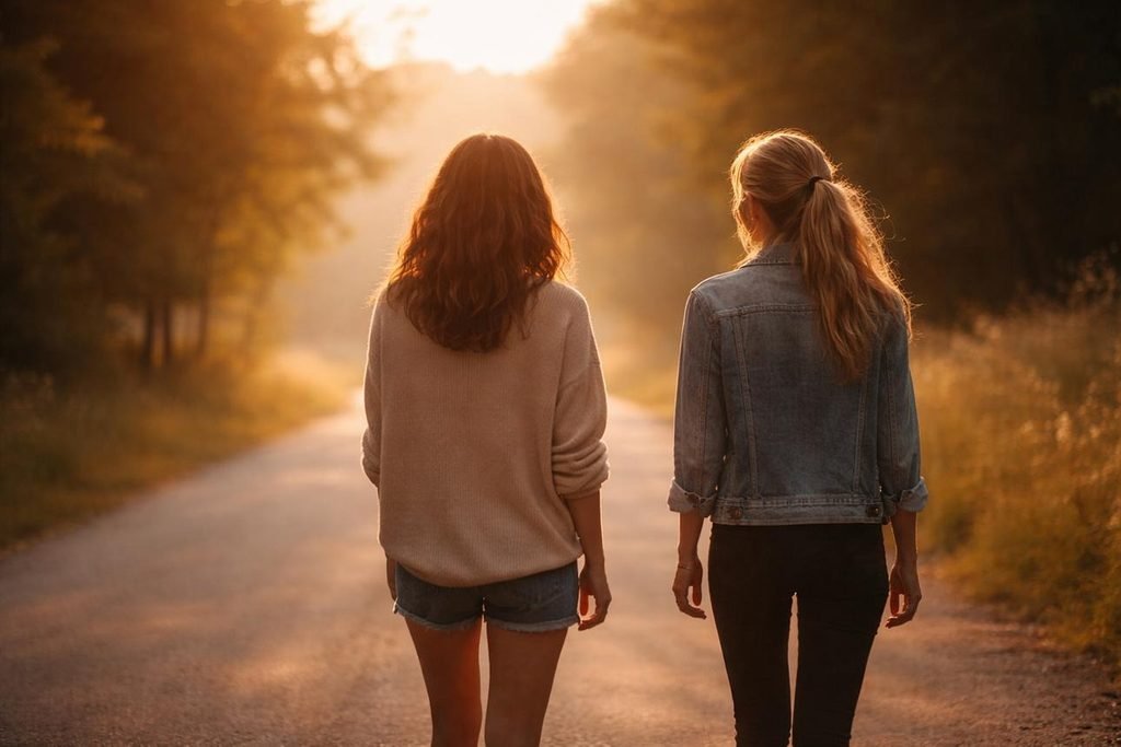 Two supportive friends walking together outdoors in warm evening light

