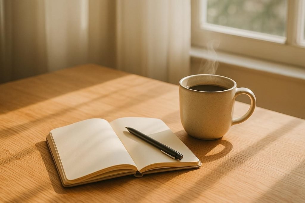 Notebook and coffee on a desk in soft morning sunlight
