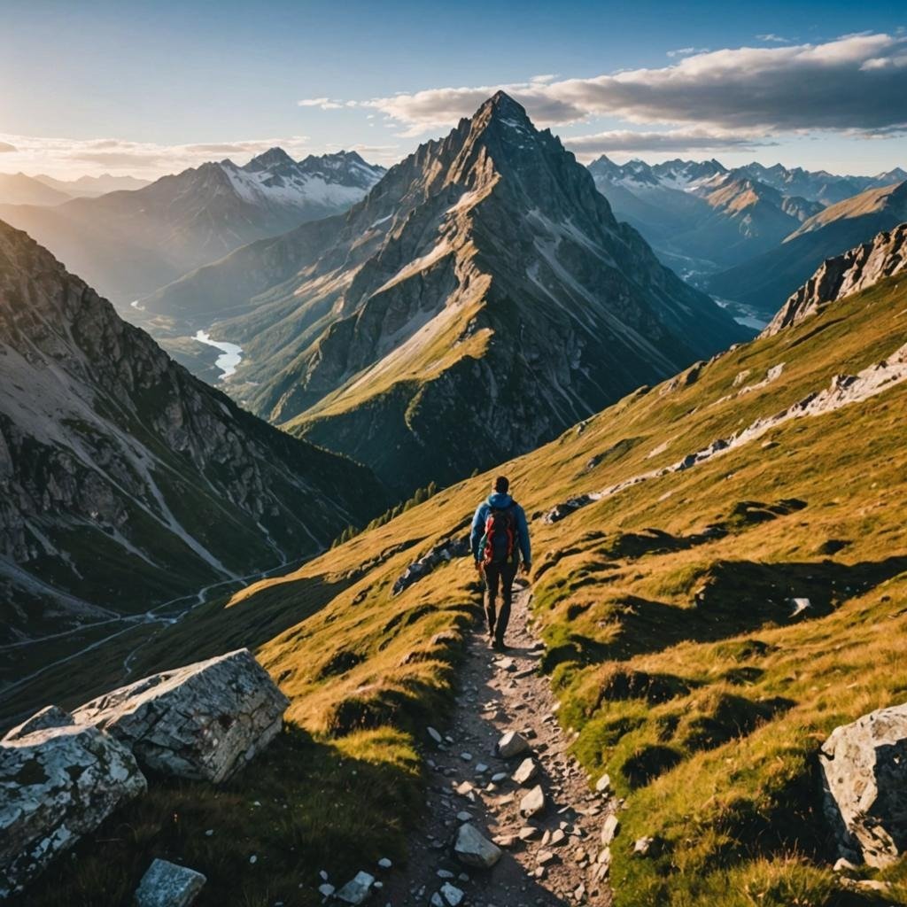 Hiker climbing a mountain trail toward a distant summit
