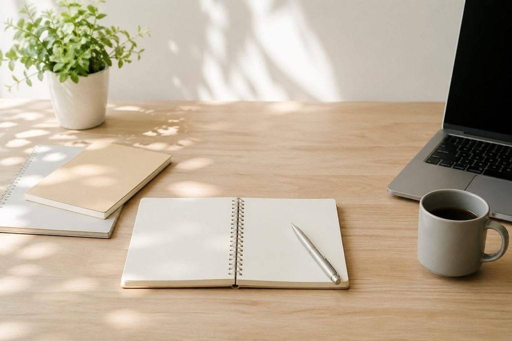 Organized workspace with an open notebook, pen, and laptop


