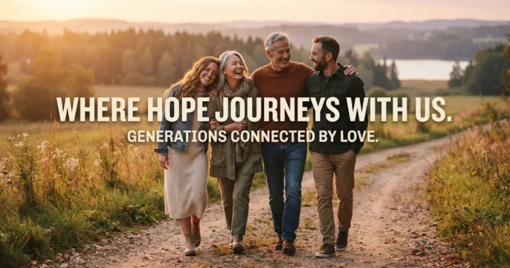 Parents and adult children walking together outdoors representing a lifelong family bond